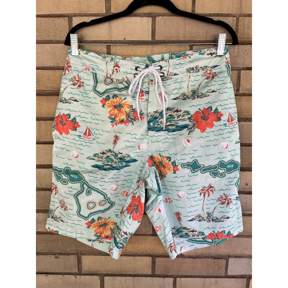 St. Johns Bay Mens Hawaiian Island Map‎ Print Swim Trunks Green Size Medium